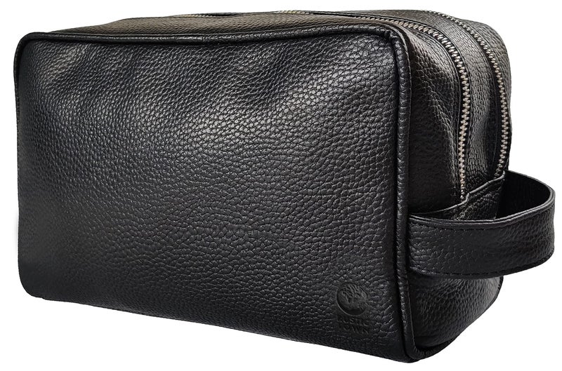 RUSTIC TOWN Full Grain Leather Travel Toiletry Bag  Cosmetic Makeup Kit Organizer Medium Black